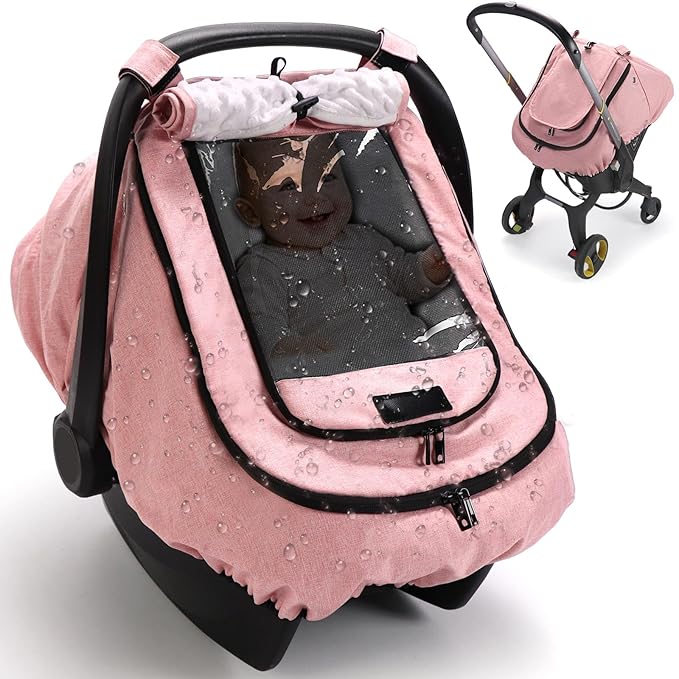 TinlyFinly Waterproof Car Seat Cover for Baby, 2-Layer Car Seat Rain Cover with Clear Window & Sunshade & Mesh Cover, Universal Infant Carseat Canopy for Stroller, Protect from Rain and Snow - Pink