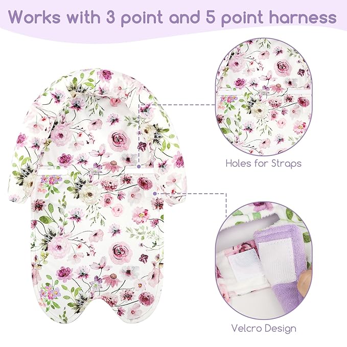 GFU Baby Car Seat Head Support for Newborn, 2 in 1 Infant Car Seat Head Body Support with Strap Pads, Soft Stroller Cushion Pillow Insert for Girls and Boys, Fits for Stroller, Swing, Purple Floral
