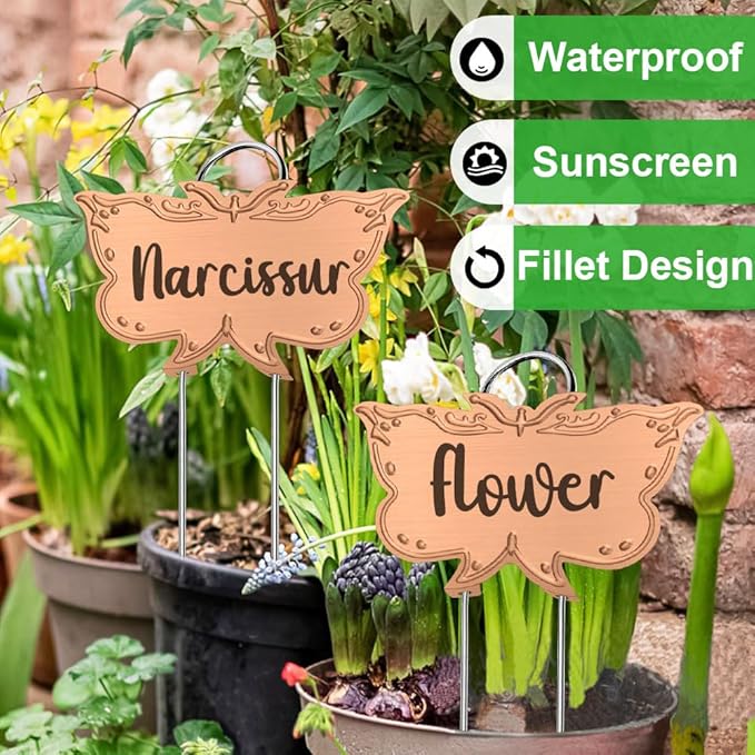 Metal Plant Labels, Tall Outdoor Butterfly Garden Markers for Flowers, Fruits and Vegetables, 304 Stainless Steel Weatherproof Signs (25 Packs, 4" x 2.3", Gold Butterfly Design)