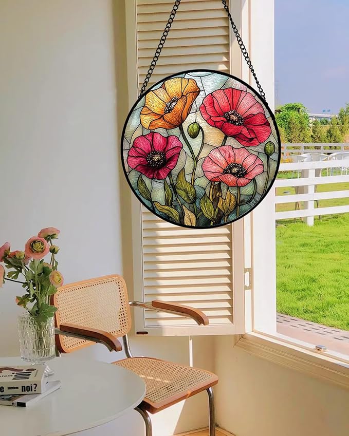 Stained Glass Window Hanging, Red Orange Poppy Birth Flowers Sun Catcher for Door Garden Yard Decor Wildflowers Suncatcher Christmas Mother Birthday Gifts for Women Men Mom Nana 11.8 in