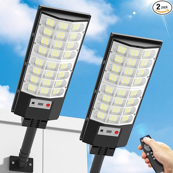 Solar Street Lights Outdoor, Solar Lamp IP66 Waterproof Security Flood Light Dusk to Dawn, Motion Sensor with Remote Control for Garage Yard Parking Lot Garden, 2 Pack