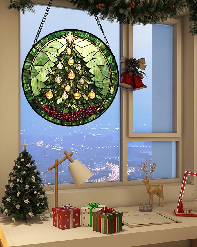 Stained Glass Window Hanging - Green Christmas Tree Golden Bells Suncatcher for Doors Home Christmas Decoration Sun Catcher Thanksgiving New Year Birthday Gift for Women Men Mom Nana 11.8 in