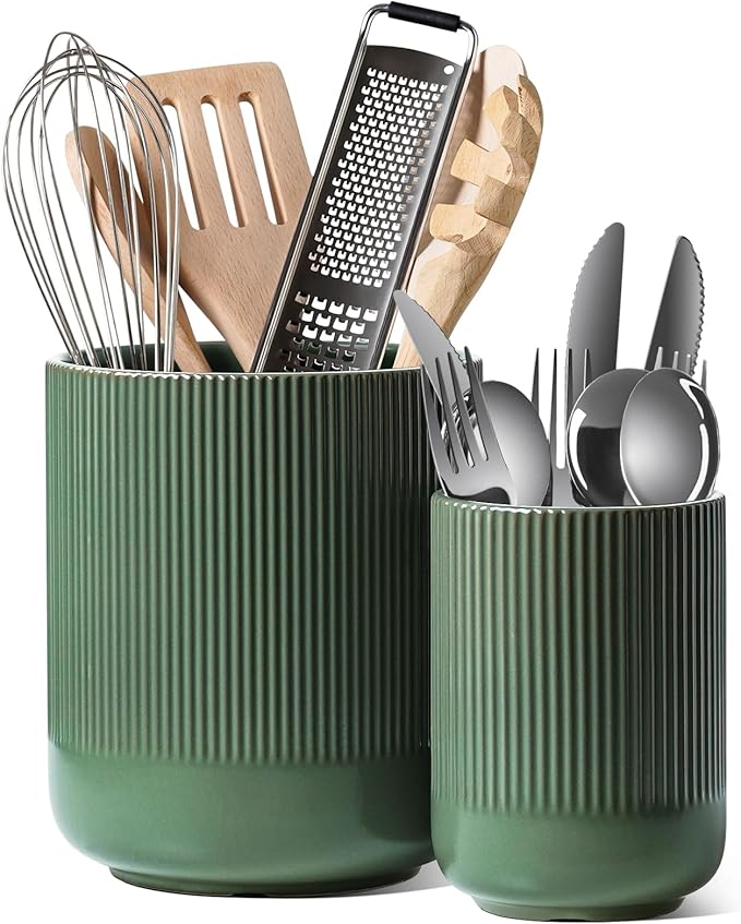 LE TAUCI Utensil Holder for Kitchen Counter, 7.3"+5.4" Fluted Ceramic Utensil Crock Organizer for Countertop, Heavy Large Holder for Spatulas, Spoons, Set of 2, Forest Green