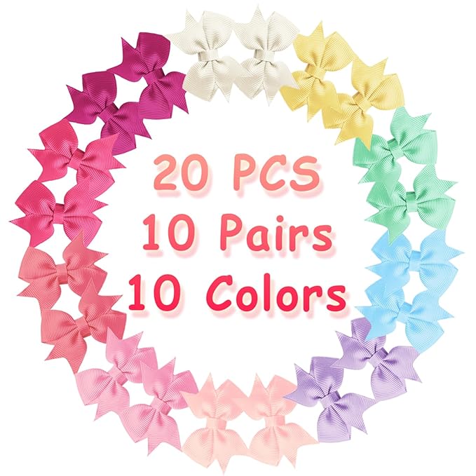 Baby Hair Clips, 20PCS 2" Fully Lined Hair Bows for Girls, Toddler Hair Accessories, Alligator Hair Clips for Girls Toddlers Baby Kids Teens (10 Colors in Pairs）