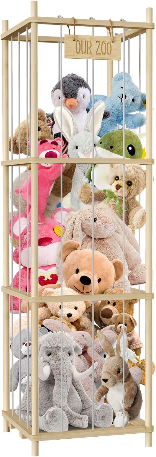 Stuffed Animal Storage, Wood Stuffed Animal Zoo Storage, 54 inch Large Plushy Organizers, Space Save Vertical Stuffed Animals Holder Holds 50+ Stuffed Animals for Nursery Playroom Bedroom (Log Color)