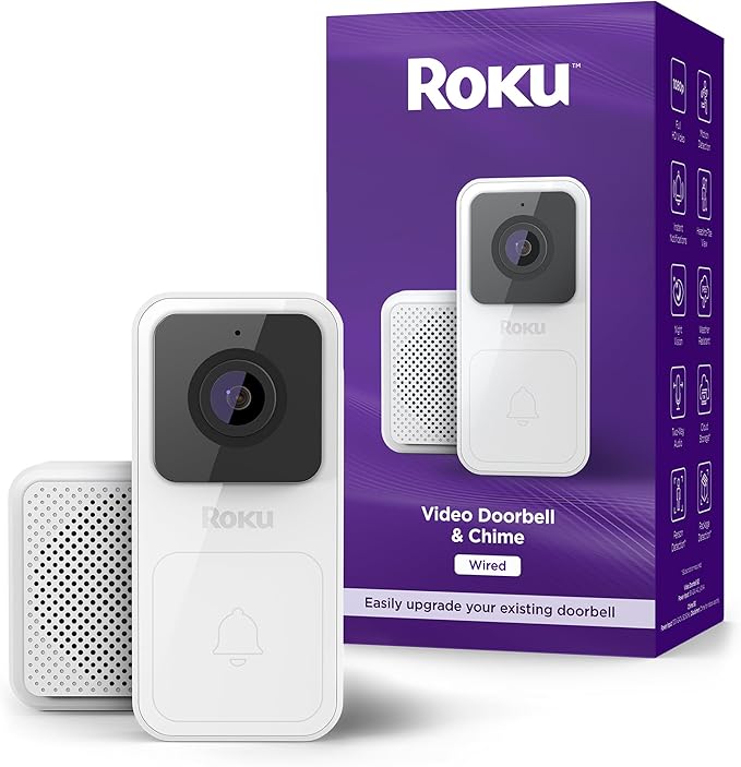 Roku Smart Home Wired Video Doorbell & Chime - 1080p HD Night Vision Ultrawide View Doorbell Camera with Motion & Sound Detection, 2-Way Audio & Works with Alexa & Google, 90-Day Subscription Included