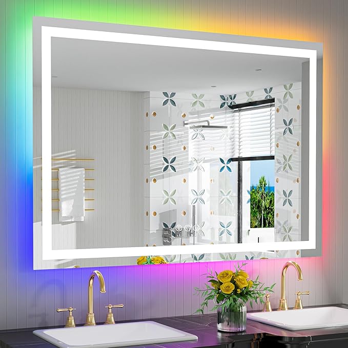50x32 Inch RGB LED Bathroom Mirror Front Light and RGB Backlit Lighted Vanity Mirror for Bathroom Wall Mounted Dimmable Anti Fog Memory Shatter-Proof IP54 Waterproof Horizontal/Vertical