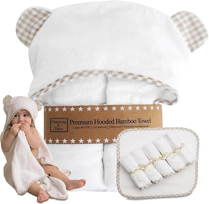 Channing & Yates Premium Boutique Hooded Baby Towels and 6 Washcloth Set - Organic Viscose Made from Bamboo Baby Towel with Hood Gift Bundle (Beige Set)
