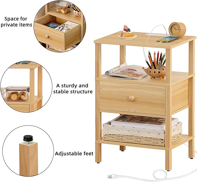 Lerliuo Nightstand Set of 2 with Charging Station and USB Ports, 3-Tier Storage End Table with Drawer Shelf, Night Stand for Small Spaces, Wood Bedside Table for Living Room, Bedroom - Natural Wood
