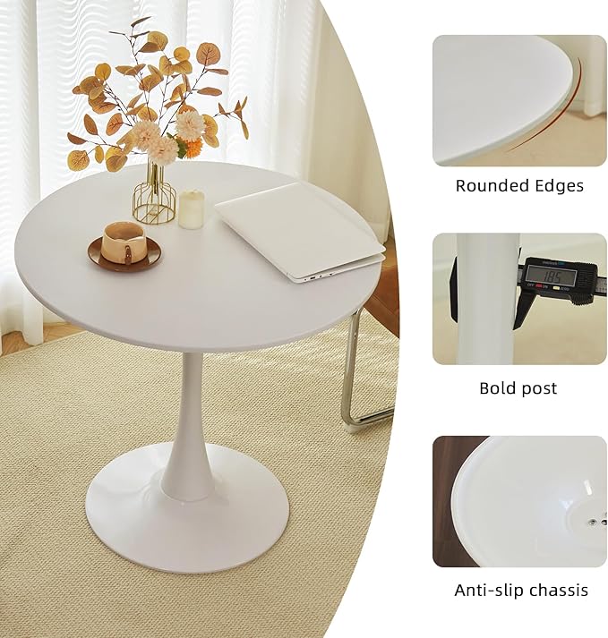 Round Dining Tulip Table for 4, Mid-Century Modern Table with Sturdy Metal Pedestal for Kitchen, Bistro, Cafe, Leisure (White, 31.5 INCH)