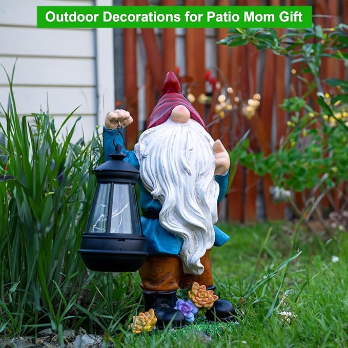 Solar Garden Statue Lights Gnome Figurine with Solar Lantern, Outdoor Garden Succulent Ornaments Waterproof, Fathers Day Mom Gifts for Outside Patio Yard Lawn Decor