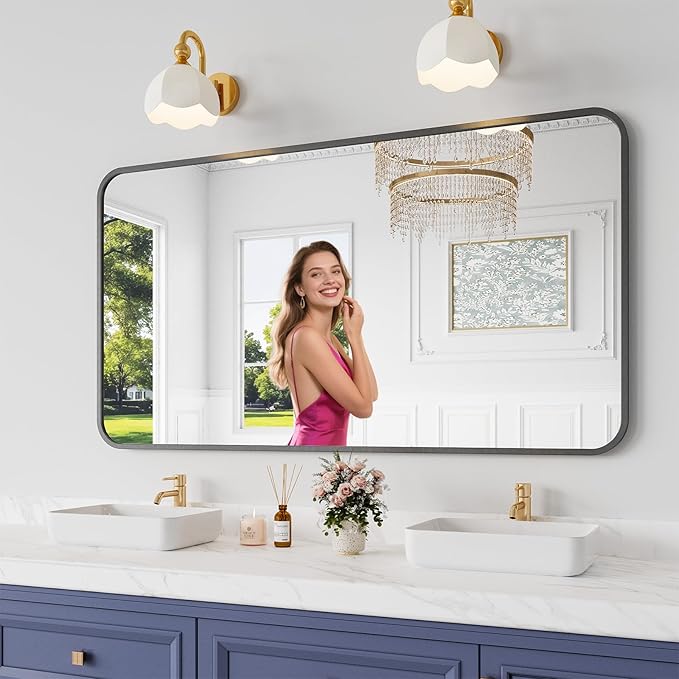 Bathroom Mirror, 30X55 Inch Black Metal Framed Mirror for Bathroom, Tempered Glass, Anti-Rust, Rounded Rectangle Mirror for Restroom, Bedroom, Black