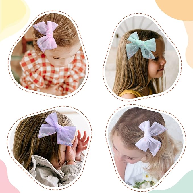 6 PCS Tulle Hair Bows for Girls, CN Toddler Bows with Glitter Star Alligator, Colorful Hair Barrettes Wedding Hair Accessories for Baby Girls Infants Toddler Teens Party (Type D)