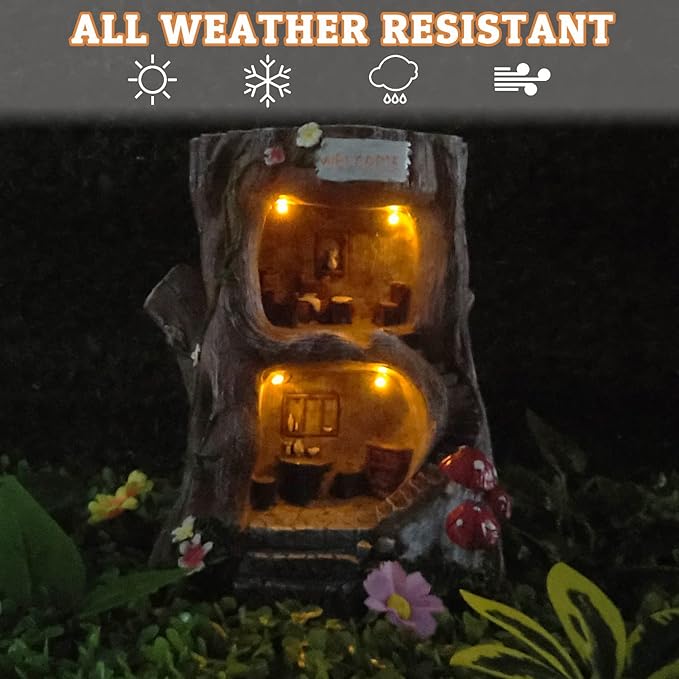 QWEWQE Tree House Solar Statue Outdoor Garden Statue with Solar Lights Fairy Tree House Indoor Outdoor Art Decoration Sculpture Lawn Ornaments for Patio Yard Outside Decorations