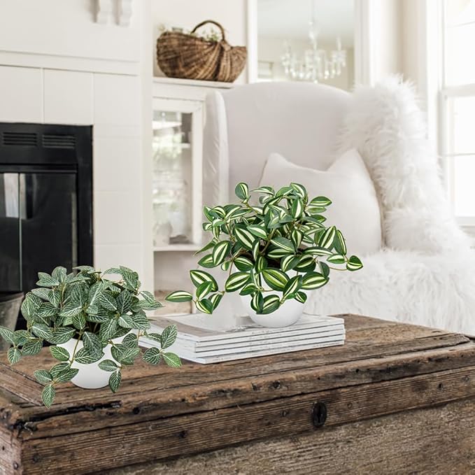 Hollyone Fake Plants 2 Packs Artificial Plants Indoor Faux Plants with White Plastic Pot Small Fake Potted Plant for Home Aesthetic Living Room Bathroom Desk Shelf Office Decor