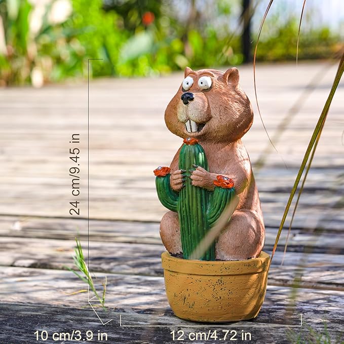Solar Groundhog Garden Statue with LED Lights - Resin Cactus Planter Ornament for Outdoor Decor, Lawn, Patio, Yard, and Balcony, Unique Garden Gift for Women, Mom, and Grandma