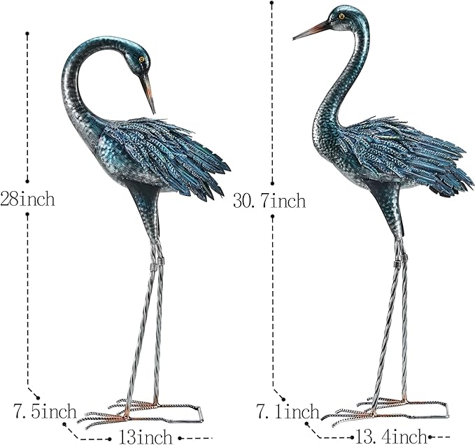 Kircust Garden Crane Statue for Outdoor, Blue Heron Decoy Garden Sculptures and Statues, Metal Bird Yard Art for Lawn Patio Decor, Set of 2