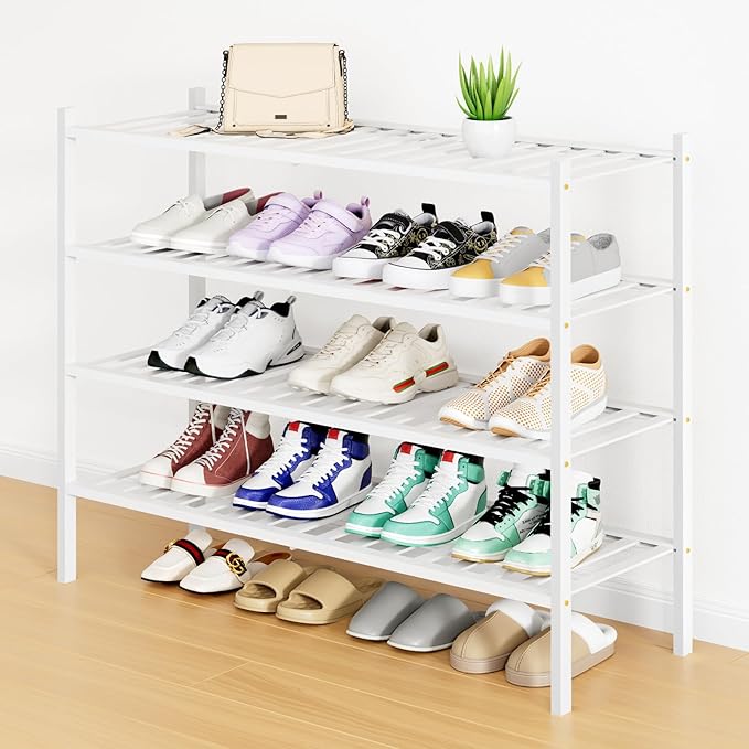 Smiry Shoe Rack, 4 Tier Long Bamboo Shoe Organizer, Stackable Free Standing Wooden Shoe Storage Shelf for Closet, Entryway, Front Door Entrance, White