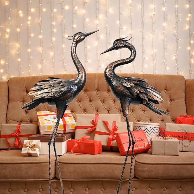 Shorayn Metal Crane Garden Statue, Garden Sculptures & Statues, Bronze Crane Ornaments Yard Art for Backyard Patio Lawn Decorations