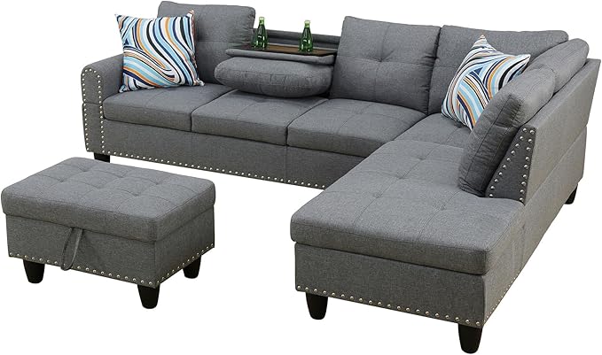Couches for Living Room Modern L Shaped Couch Comfy Linen Fabric 3 Pieces Sectional Sofa with Chaise, Ottoman with Storage for Office and Small Apartment, Charcoal