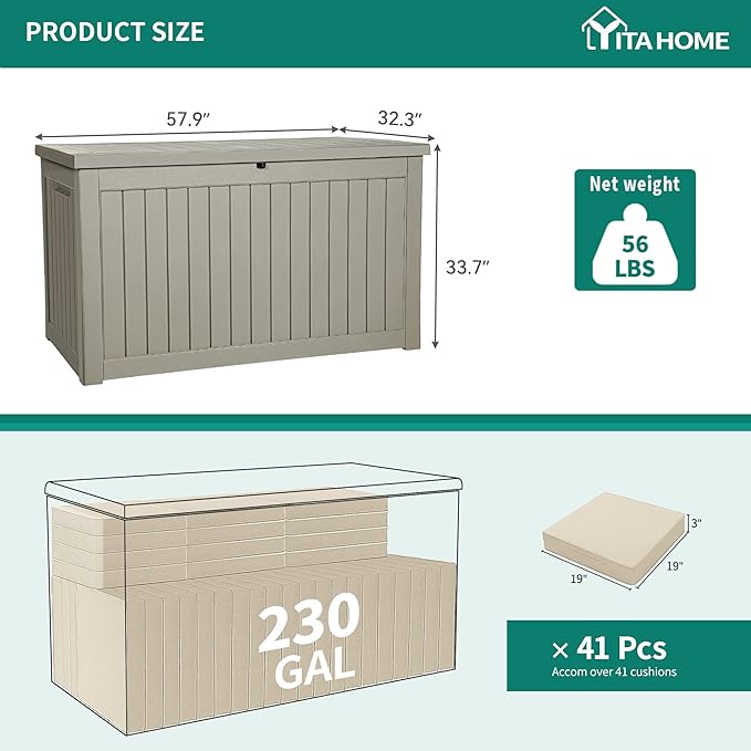 YITAHOME 230 Gallon Outdoor Storage Deck Box, Weather-Resistant Resin, Versatile for Patio Furnishings, Outdoor Cushions, Garden Tools, and Sports/Pool Gear, Taupe