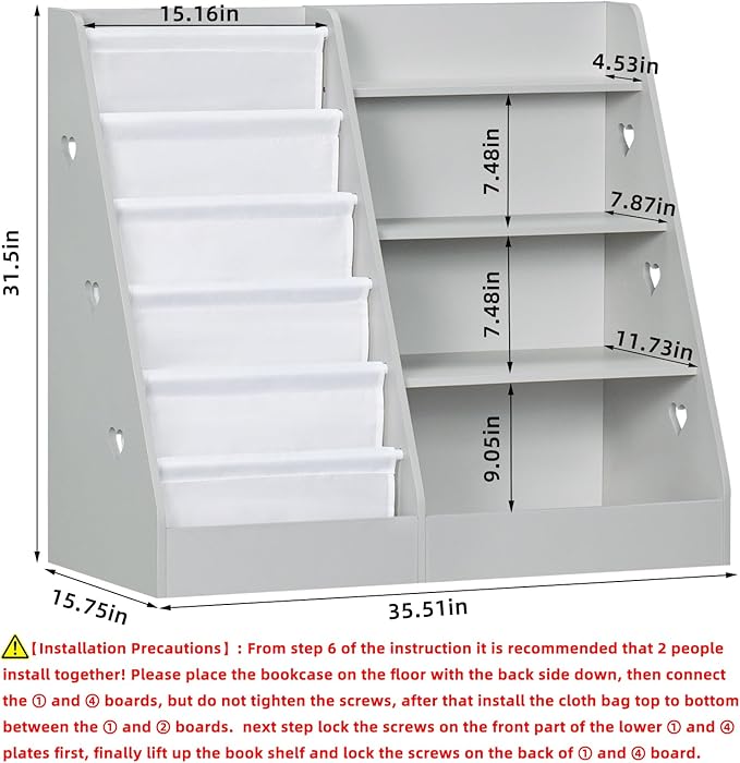 Lerliuo 4 Tier Kids Bookshelf and Storage Organizer, Five Layer Sling Children Bookcase, Baby Toddler Wooden Book Shelf, Display Cabinet for Playroom, Bedroom, Classroom, Nursery, School (Grey)