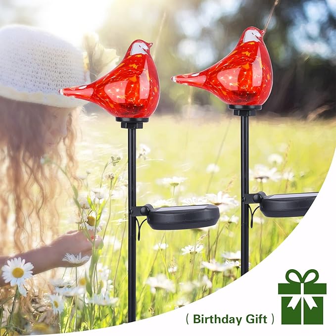 Afirst Solar Outdoor Lights - Decorative Solar Stake Lights Cardinal Handblown Glass Garden Stakes, Waterproof for Pathway Decoration, 2 Pack