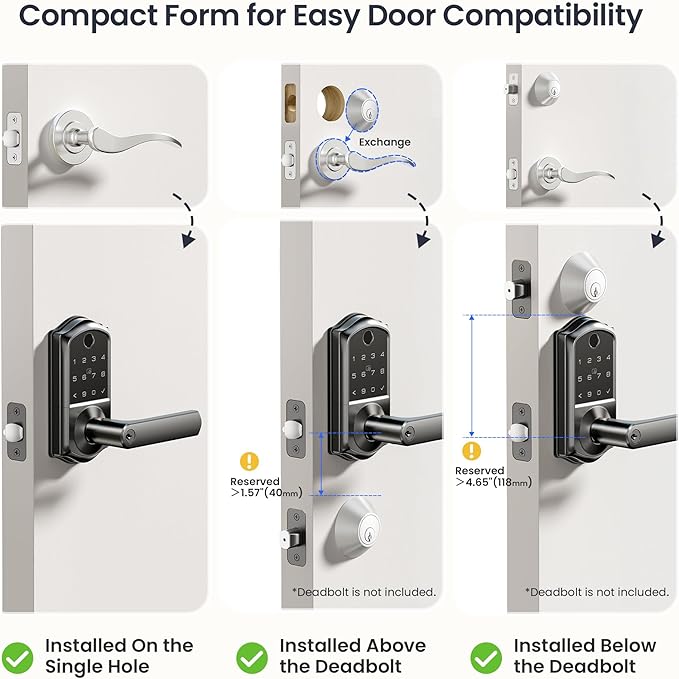 Veise VE019 Fingerprint Smart Lever Lock - APP Control, Keypad Door Lock with Handle, Keyless Entry for Front Door and Bedroom, Electronic Digital Knob, Remote Grant, IP55 Weatherproof, Matte Black