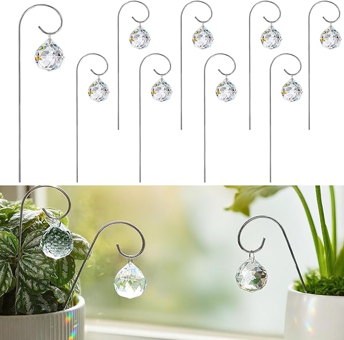 HDCRYSTALGIFTS 9 Pieces 30mm Crystal Ball Prisms Suncatchers with 7.5’’ Small Trellis for Mini Potted Plants Accessories Indoor Fairy Garden Sun Catchers Gift for Plant Lovers (Sliver Stakes)