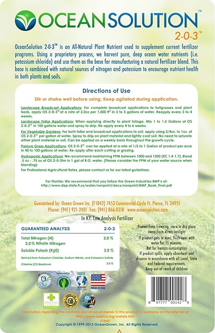 OceanSolution 2-0-3 All Natural Liquid Fertilizer – 32 Oz Concentrated Mineral Fertilizer & Plant Food for Microgreens, Hydroponics, Gardens & Lawns–OMRI Listed, No Odor(1oz per Gallon of Water)