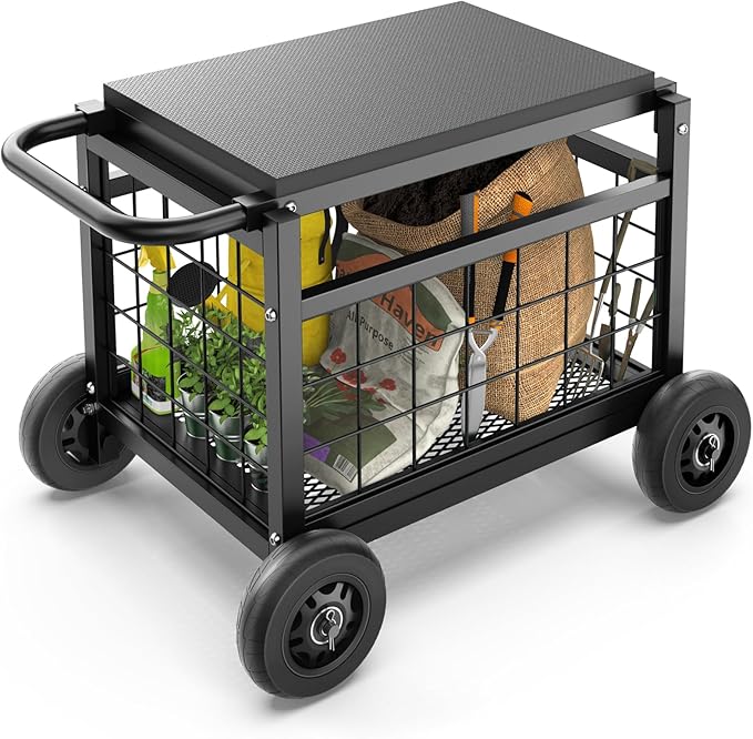 FLINTER Rolling Garden Work Seat with Wheels, Heavy Duty Garden Cart with Seat - Metal Rolling Garden Stool, Upgraded Gardening Cart for Seniors, Outdoor Wagon for Lawn, Patio Gardening, Black