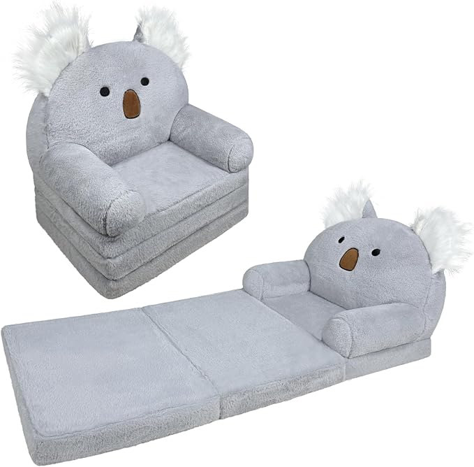 Toddler Chair with Faux Rabbit Fur – 2-in-1 Foldable Kids Couch, Koalas Design, Soft Sofa for Reading, Napping, Bedroom or Playroom Use, 18 Months+ （Koalas）