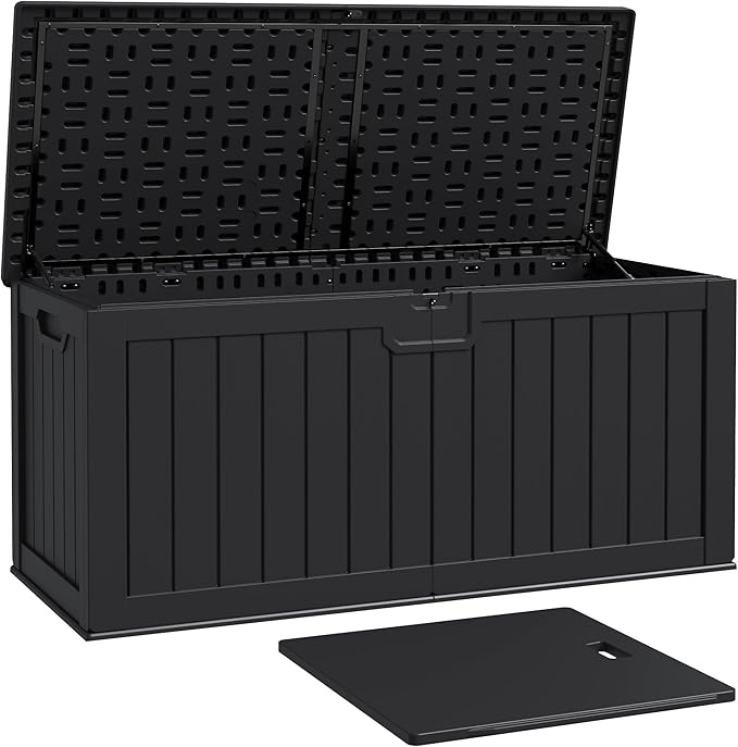 Patiowell 240 Gallon Large Outdoor Storage Box, Waterproof Deck Box with Fixed Divider, Lockable and Durable Patio Storage Solution for Patio Furniture and Garden Tools (Black)