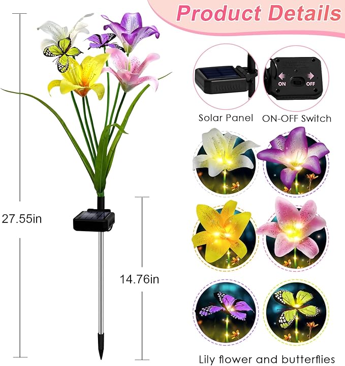 Solar Garden Lights Outdoor, 4 Pack Flower Lights for Outside, 16 Solar Lilies with Butterflies, Waterproof Garden Decor for Yard, Patio, Gifts for Women Mom (4 pcs Lilies)