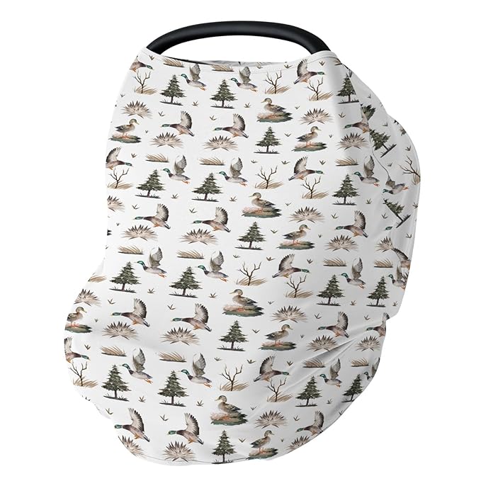 Retro Duck Hunting Car Seat Cover for Babies Vintage Flying Mallards Stretchy 5-in-1 Cover Adjustable Car Canopy Cover Wild Ducks Trees Leaves Breathable Nursing Cover-Up