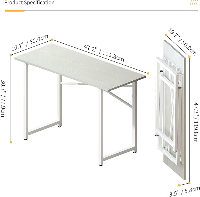 Folding Desk 47 inch No Assembly Required Home Office Table, Writing Gaming Computer Camping Desk, White