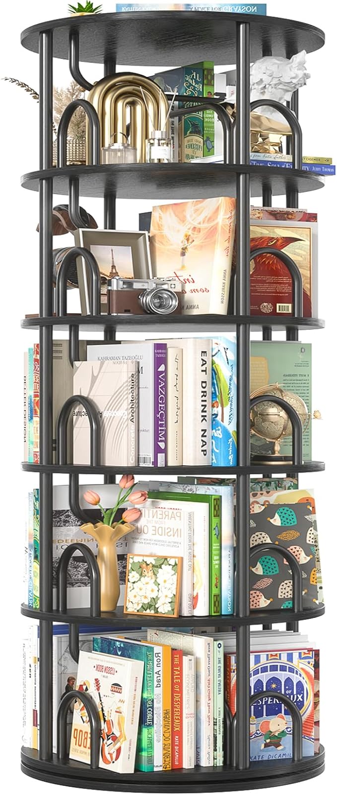 Aheaplus 5 Tier Rotating Bookshelf Tower, 360 Display Spinning Bookcase, Revolving Round Book Shelf Narrow Swivel Bookshelf, Vertical Turning Spiral Corner Book Organizer for Small Space, Black