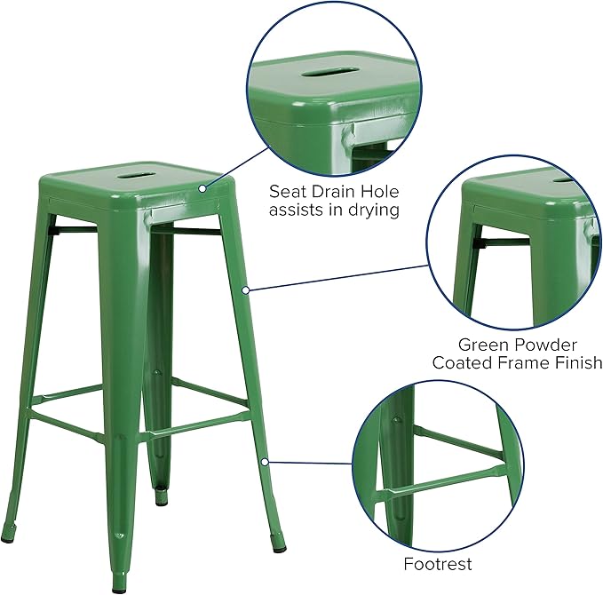 Flash Furniture Lily 4 Pack Commercial Grade 30" High Backless Green Metal Indoor-Outdoor Barstool with Square Seat