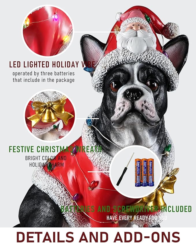 Christmas Outdoor Decoration Dog Statue, LED Light Cute French Bulldog Sculpture with Santa Outfit & Lights for Garden and Yard, Indoor Holiday Décor Gift for mom and dad