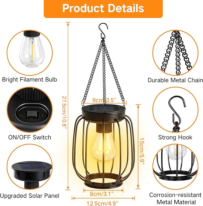 Outdoor Solar Lanterns, Waterproof Vintage Metal Hanging Lights with Warm White LED, Auto On/Off, Brighter Decorative Lanterns for Garden Patio Yard Porch, Gifts for Women Mom, 4 Pack