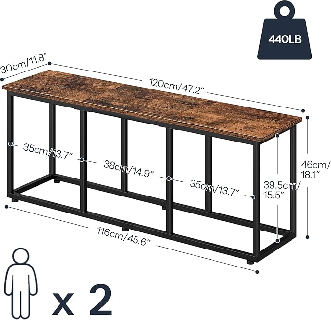 HOOBRO Dining Bench, 47.2 Inch Dining Table Bench, Industrial Style Kitchen Bench, Steel Frame, Easy to Assemble, for Kitchen, Dining Room, Rustic Brown and Black BF45CD01