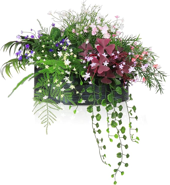 6 in 1 Artificial Plants & Flowers, Potted Fake Asparagus Oxalis BabyBreath Grass Plant for Home Decor Indoor Outdoor, Office Greenery Tabletop Centerpieces