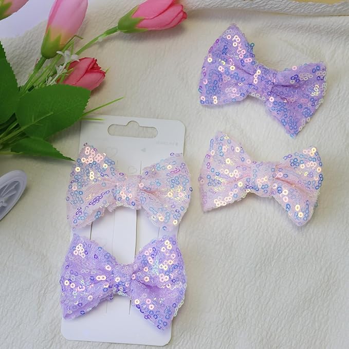 Purple Sequins Bows for Girls, Handmade Hair Clip Glitter Hair Bows Alligator Clips Hair Accessories for Little Teen Toddler Girls Kids