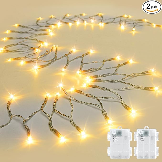cshare String Lights Outdoor Waterproof 9.8ft 30 LED, Warm White Fairy Lights Battery Operated（Not Included） with Timer Clear Wire for Indoor & Outdoor Decorations Garland 2 Packs