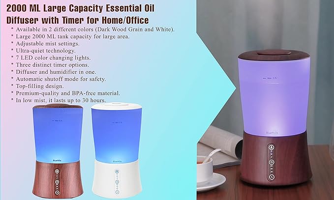 BlueHills Premium Large 3000 ML and 2000 ML XL Essential Oil Diffusers Humidifiers Combo Set of 2 for Large Room Home with Décor LED Lights Great Gift – Value Pack of White.