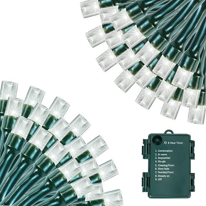 Battery Operated Christmas Lights Outdoor, 33 FT 100 LED Mini String Lights with Timer and 8 Modes, Green Wire Xmas Waterproof String Lights for Tree Xmas Indoor Holiday Party Garden Decor, Cool White