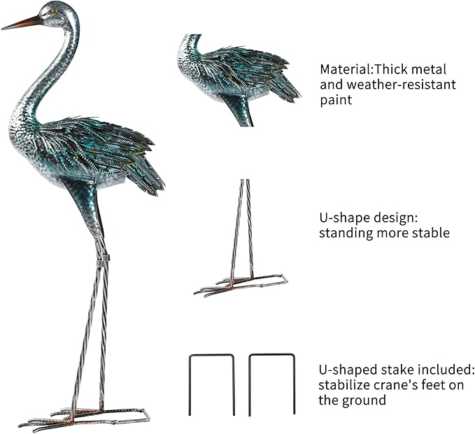 Kircust Garden Crane Statue for Outdoor, Blue Heron Decoy Garden Sculptures and Statues, Metal Bird Yard Art for Lawn Patio Decor, Set of 2