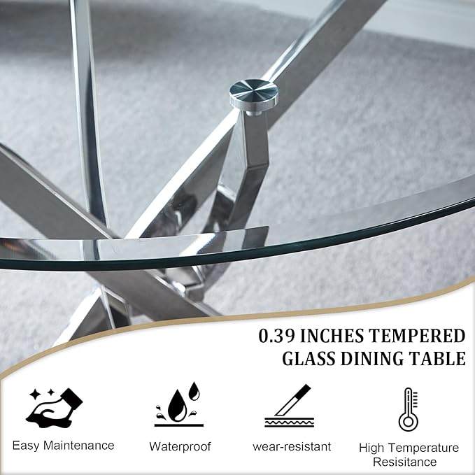 36" Round Dining Table for 4, Glass Kitchen & Dining Room Tables, Modern Circle Dining Room Table w/0.39" Tempered Glass Tabletop,Silver Finish Stainless Steel Legs for Dinner Small Space(No Chairs)