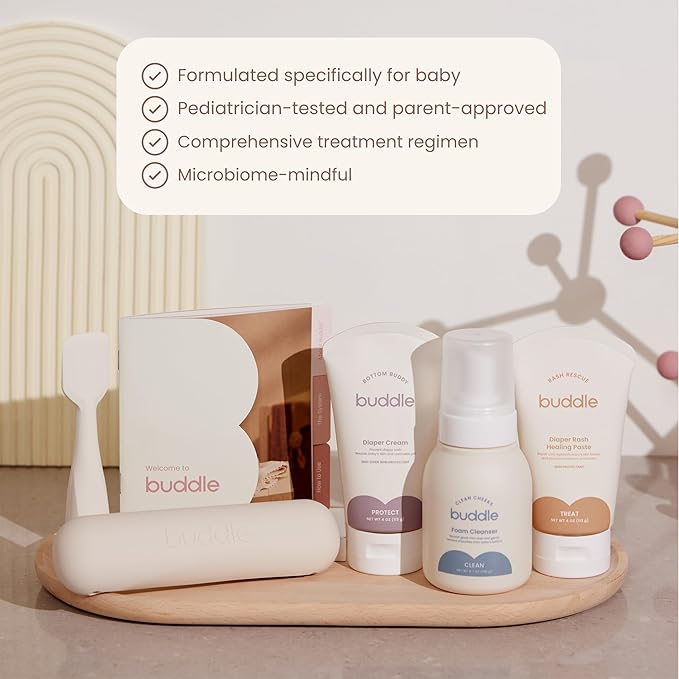 Buddle Diaper Rash, 6-Piece Kit, 40% Zinc Oxide Ointment, Diaper Cream, Foam Cleanser, Wipes, Paddle Pal Silicone Spatula & Bag
