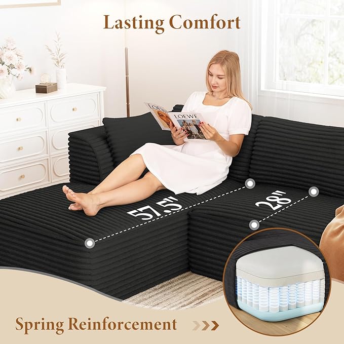 Vesgantti 106" Boneless Couch with Chaise, Deep Seat Comfy Cloud Modular Sofa Corduroy Memory Foam Sectional Couches for Living Room Bedroom, No Assembly Required (Black, Left-Facing Chaise)